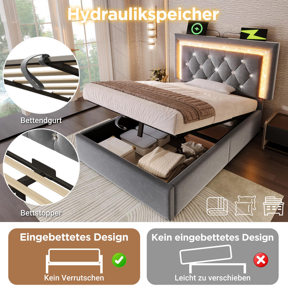 POLSTERBETT mit LED und Bettkasten 90x200 cm Samt Grau inkl. Matratze - Grau, Metall (90/200cm) - Meubliv
