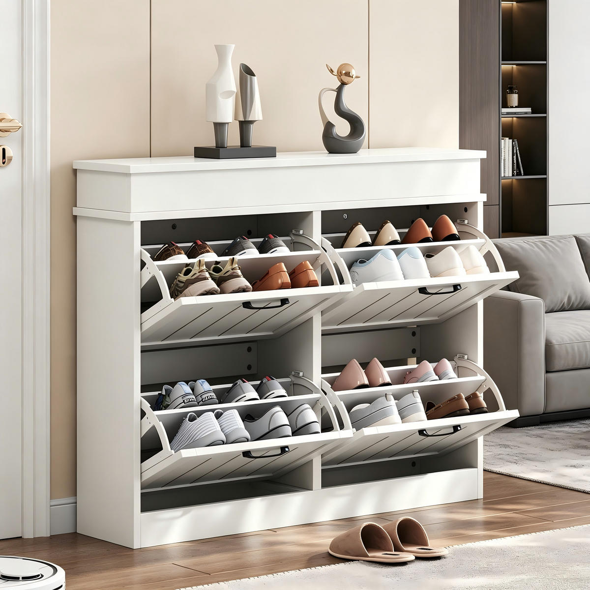 SCHUHSCHRANK in Weiß mit 4 Kipptüren mit 8 Fächern für Flur, B105/T24/H83 cm - Weiß, Holzwerkstoff (105/83/24cm) - STILVORA
