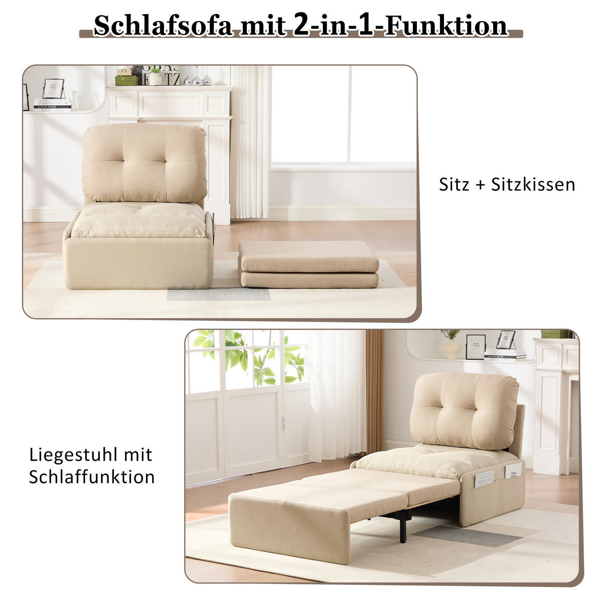 SCHLAFSOFA 92/81.5/90 cm Beige mit Aufbewahrungstasche - Beige, Textil (81.5/90/195cm) - Oxeza