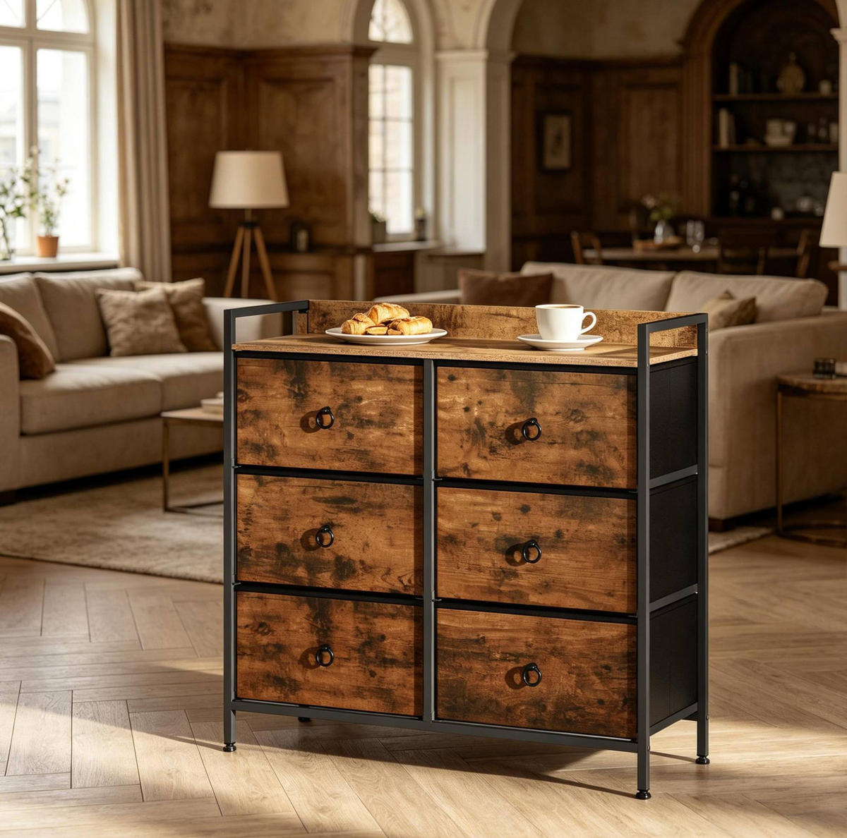 KOMMODE mit 6 Stoffschubladen in Rustikal Braun und Schwarz 80x29x78 cm - Schwarz, Holz (29/78/80cm) - IVMEU