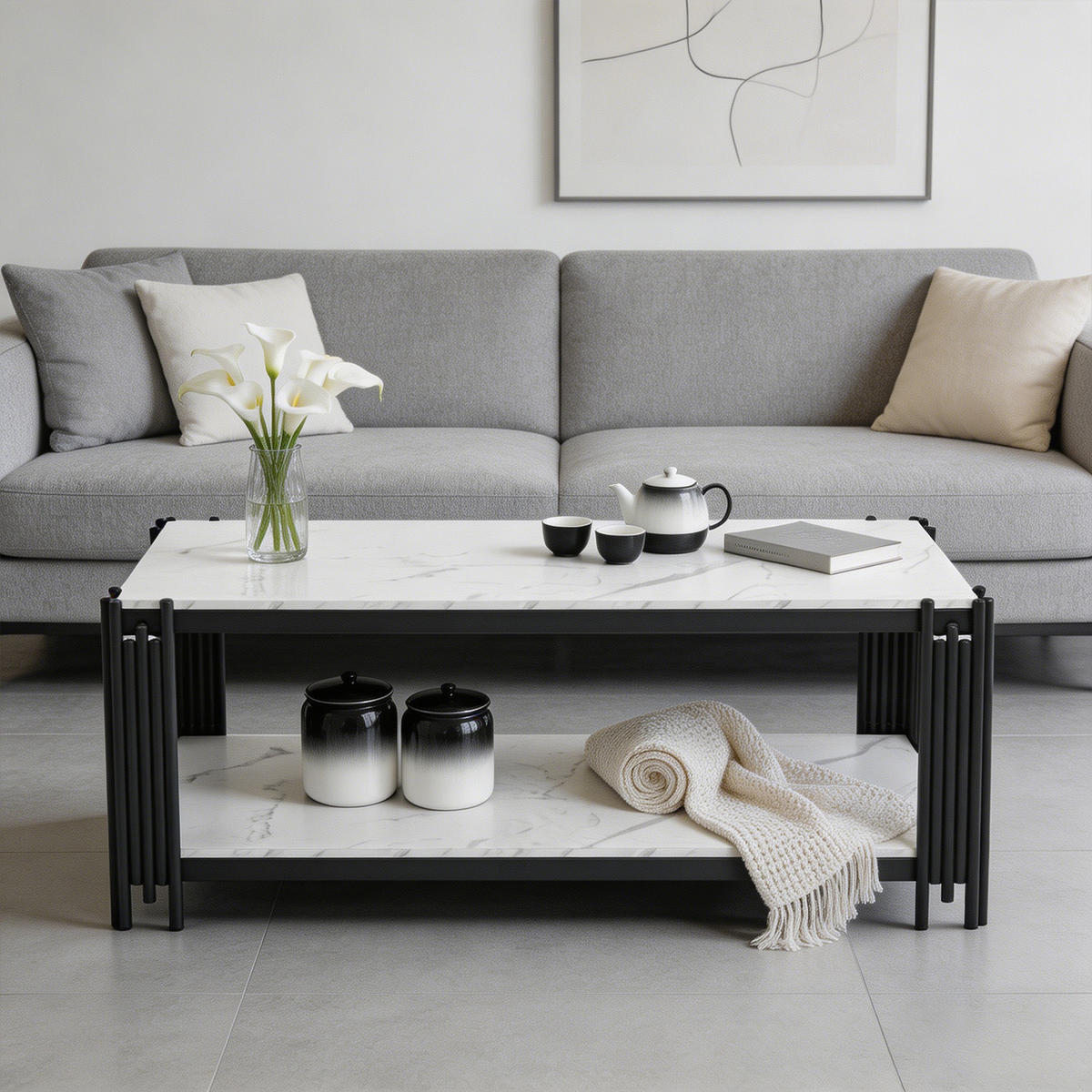 COUCHTISCH 2-stufig, Marmoroptik, Holzwerkstoff, Metallgestell, Weiß und Schwarz - Schwarz/Weiß, Holzwerkstoff (114/64/46cm) - Meubles Cosy