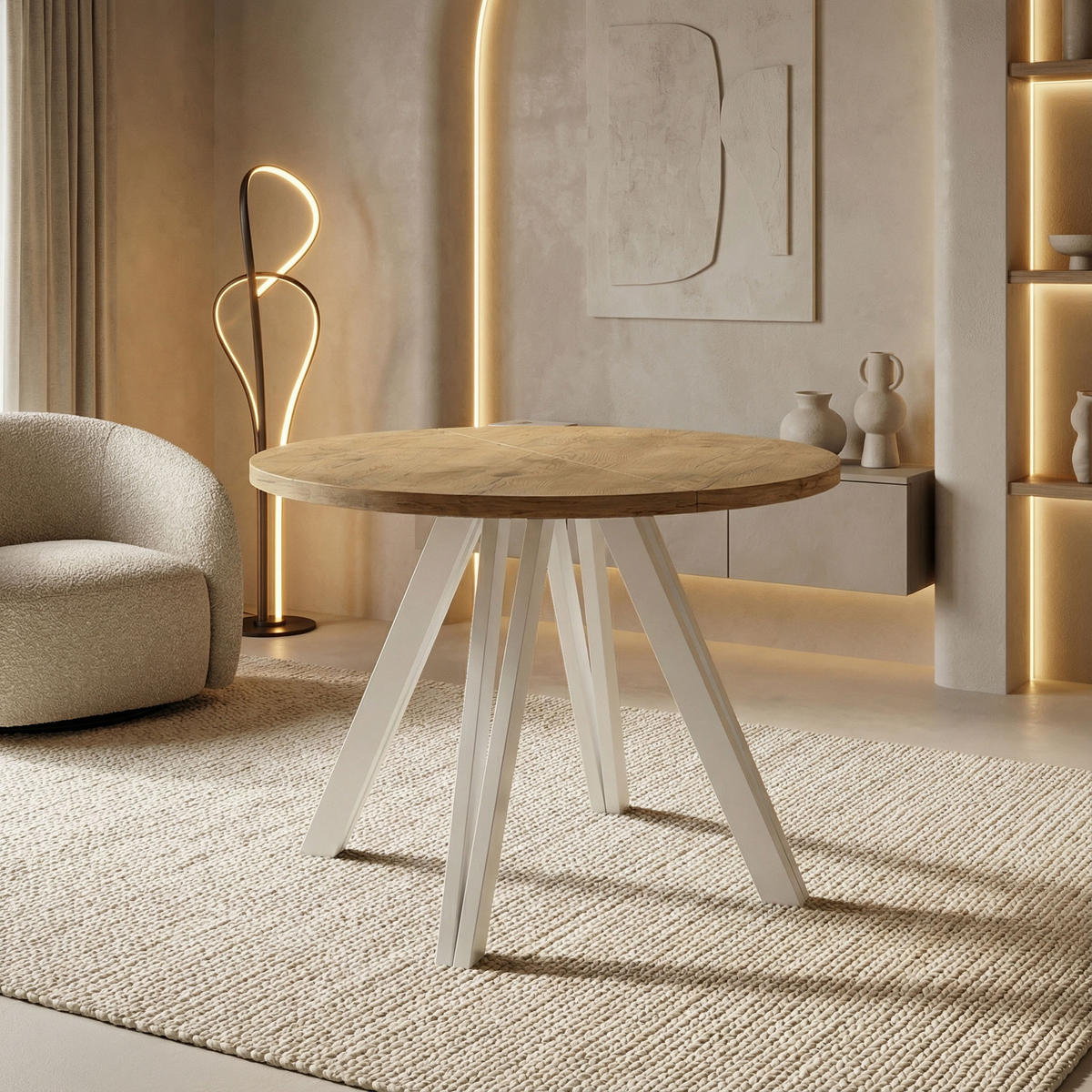 ESSTISCH Ravero runder ausziehbarer, Eiche Hell Braun 100-180/100/77 cm - Eichefarben/Weiß, Holz/Holzwerkstoff (100/100/77cm) - WFL GROUP