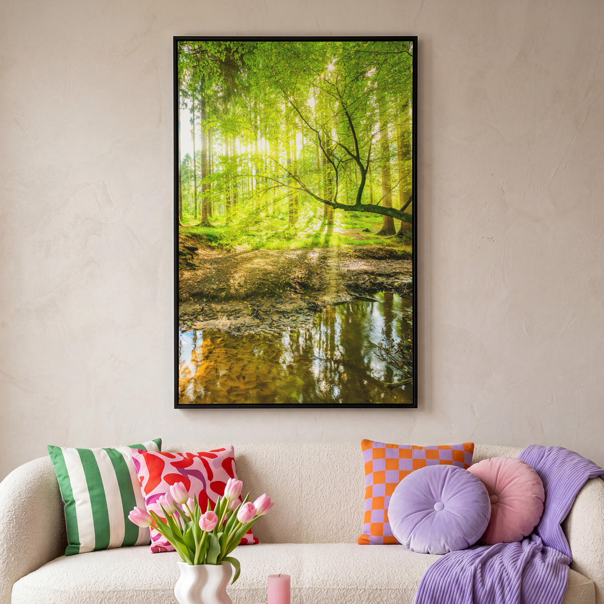 LEINWAND Bilder mit Rahmen - Wald - Landschaft - Wasser - Bäume - Sonne - Grün - Natur - 80x120 - Grün, Textil (80/120cm) - MuchoWow