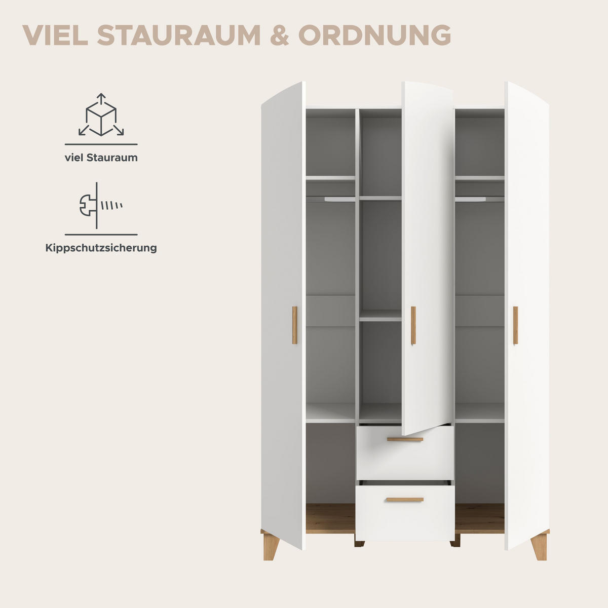 KLEIDERSCHRANK 3-türig STELLA (B/H/T: ca. 122/198/51 cm) in weiß/weiß - Weiß, Holzwerkstoff (122/198/51cm)