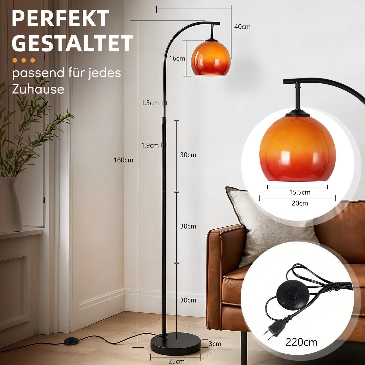 STEHLAMPE Jynvex 40/25/160 cm - Schwarz/Orange, Glas/Metall (40/25/160cm) - ZMH