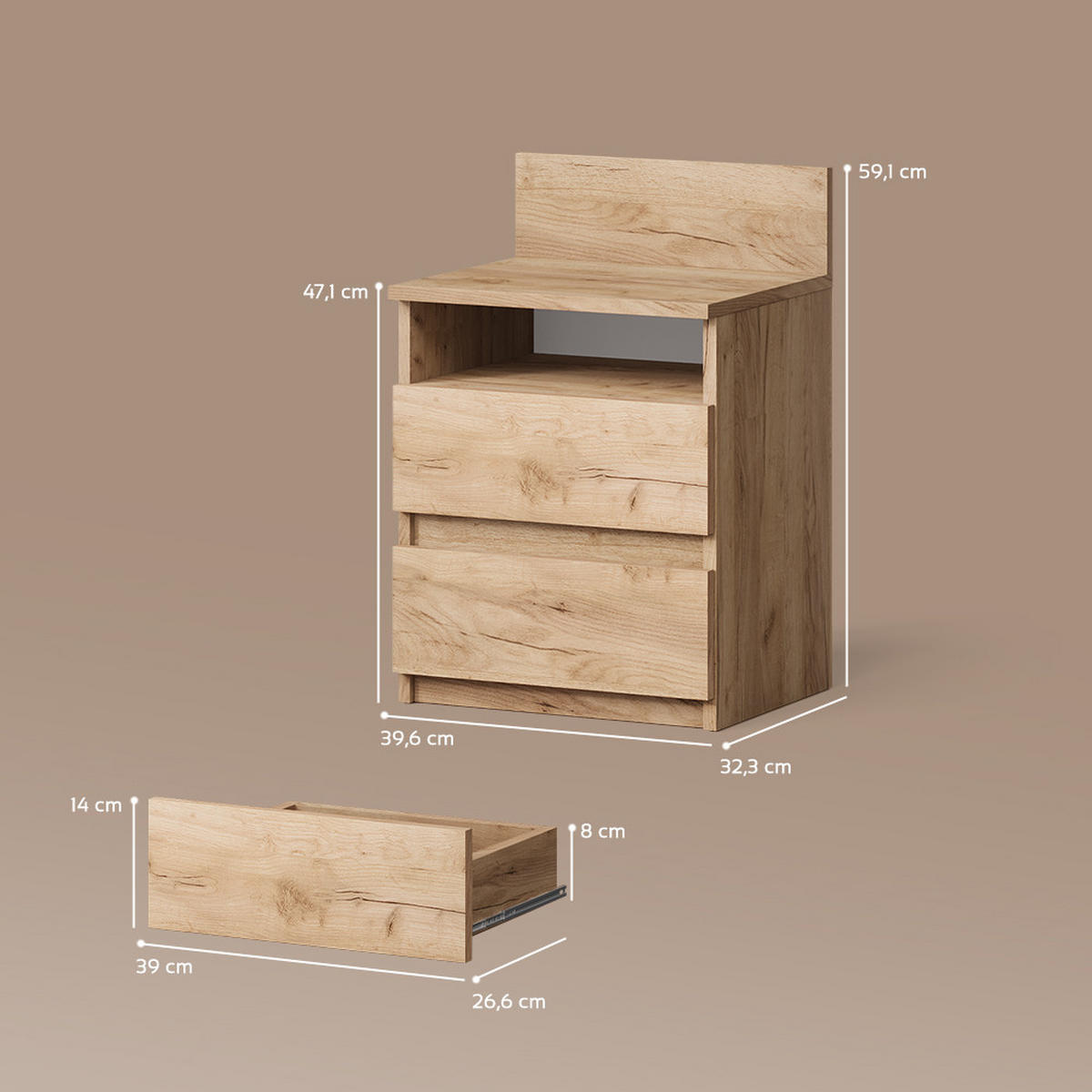 NACHTTISCH Roya, Goldkraft Eiche, 39.6 x 59.1 cm - Honigeiche, Holzwerkstoff (39.6/59.1/32.3cm) - Livinity®