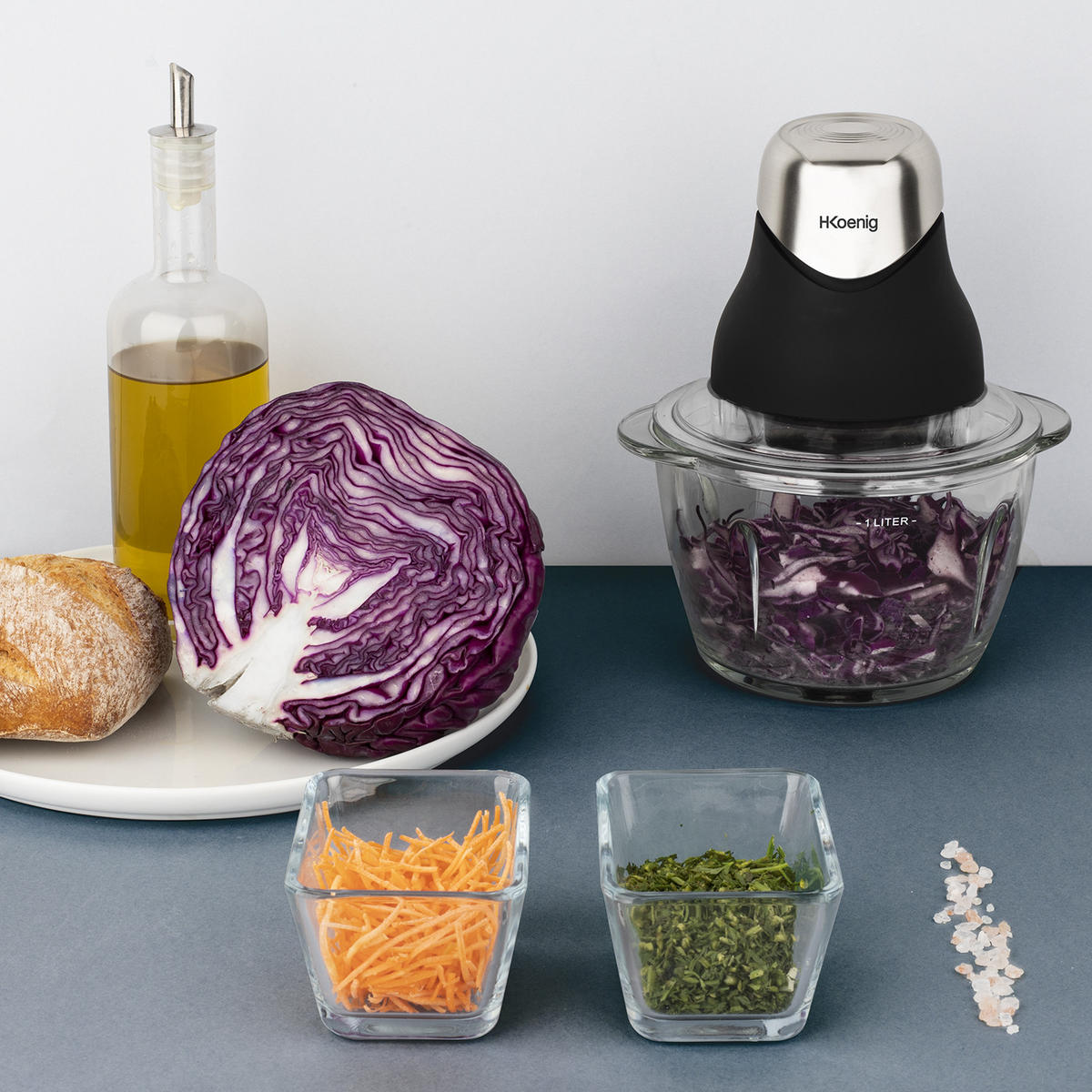 MULTIZERKLEINERER LEO9 Schwarz und Silber, elektronisch, Edelstahlklingen, 1x Glasschale, einfache Handhabung, Deckel für Frischehaltung - Schwarz, Metall (18.5/21.8/16cm) - HKoenig