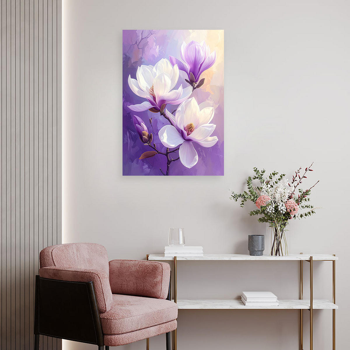 BILD auf Leinwand, Weiße Magnolien auf violettem Hintergrund mit weichem Licht - Lila, Textil (30/45cm) - Feeby