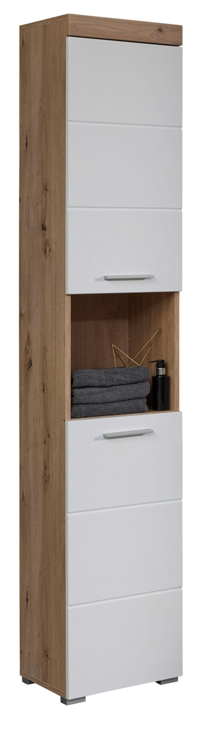 HOCHSCHRANK weiß Hochglanz, Asteiche 37 cm, Badschrank in modernem Design - Eichefarben/Weiß, Holzwerkstoff/Kunststoff (37/190/31cm) - Top.Furn