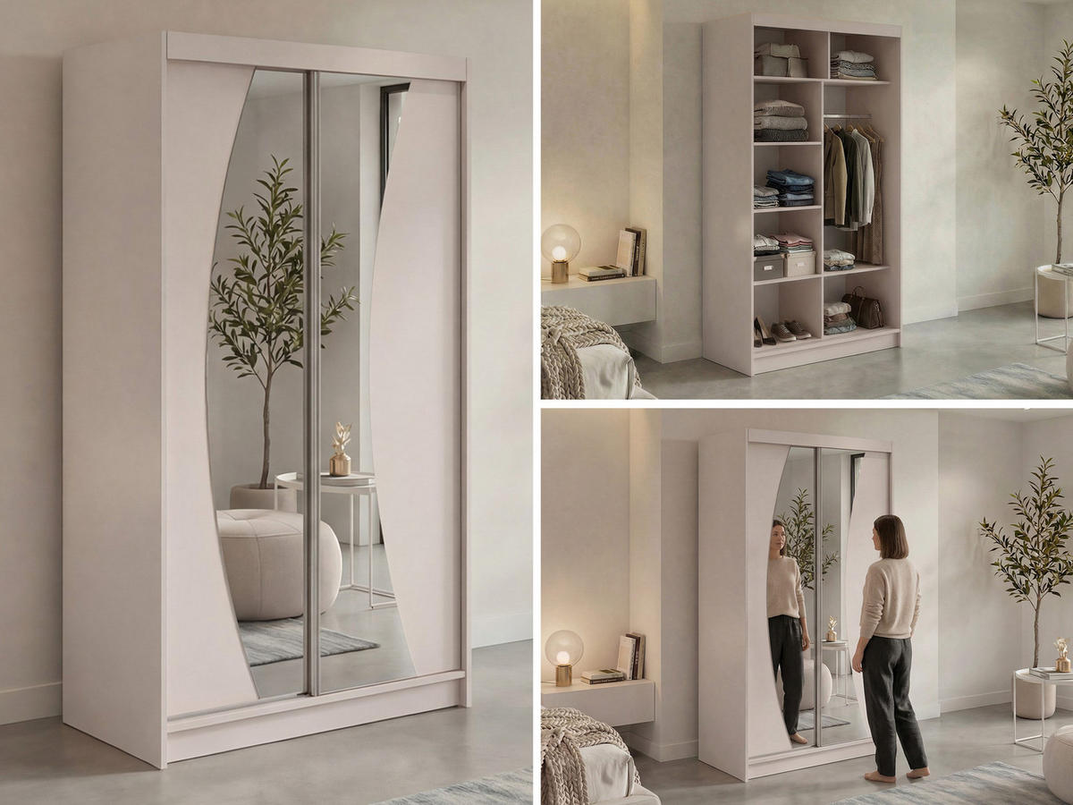 SCHWEBETÜRENSCHRANK 120 - VERONA - Kaschmir mit Spiegel - Kaschmir/Alufarben, Holzwerkstoff/Metall (120/216/61cm) - MKS