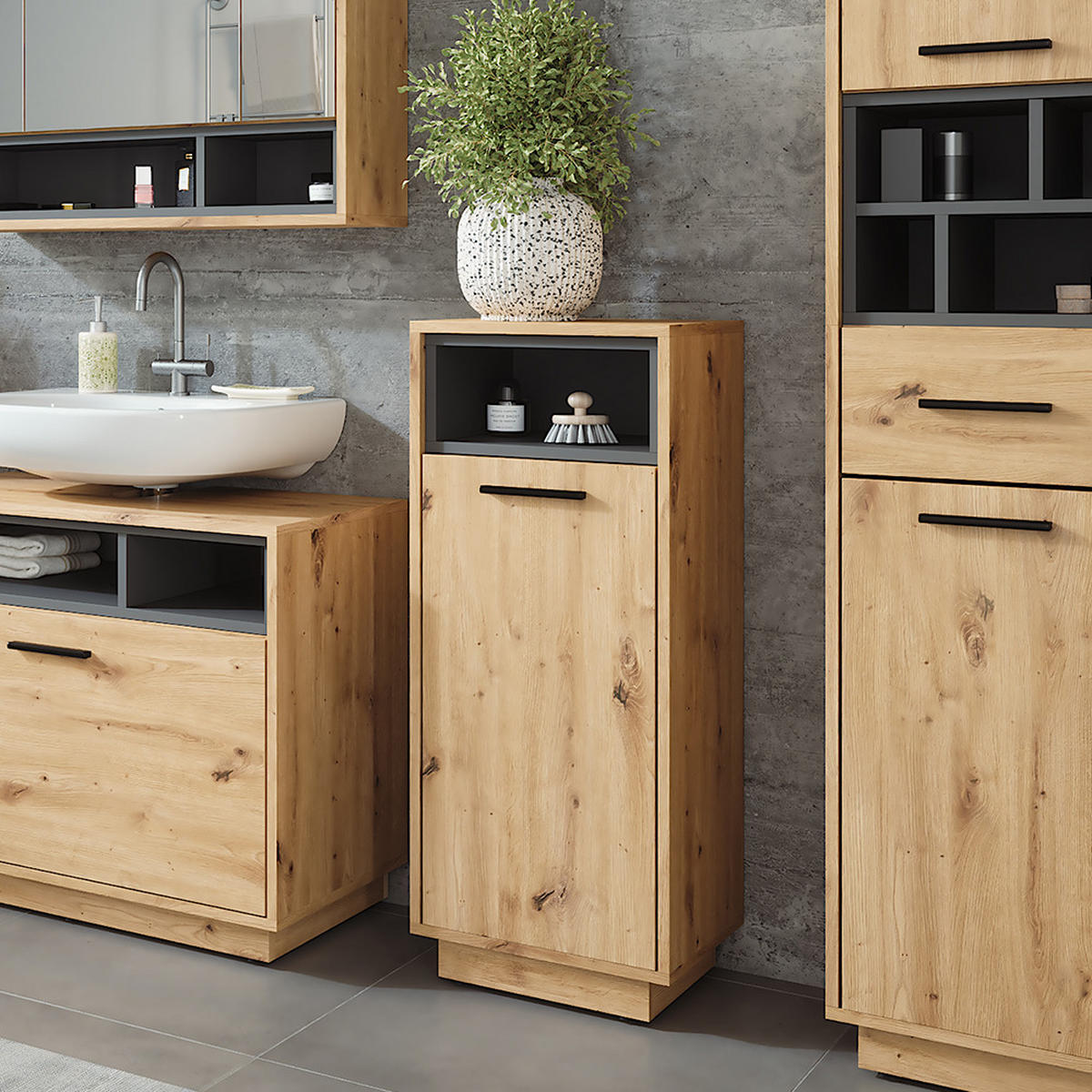 WÄSCHESCHRANK Beatrice Artisan Eiche/Anthrazit 38 x 93 cm mit herausnehmbarer Innentasche - Anthrazit/Eiche Artisan, Holzwerkstoff (38/93/30cm) - Vicco