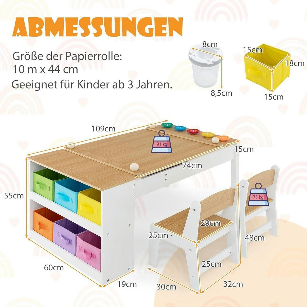 KINDERTISCH mit 2 Stühlen 3-teiliges Set Natur mit 2 Ablagen - Multicolor, Holzwerkstoff (60/55/109cm)
