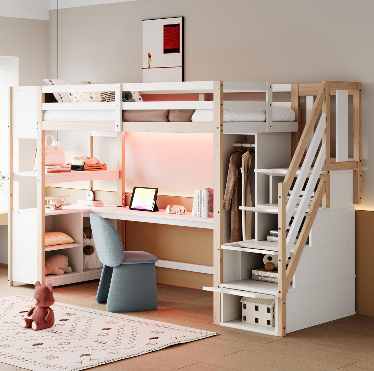 HOCHBETT 90/200 cm mit Schreibtisch, Kleiderschrank, Stauraumtreppe und LED-Beleuchtung, Weiß/Natur - Weiß, Holzwerkstoff (90/200cm) - Redom