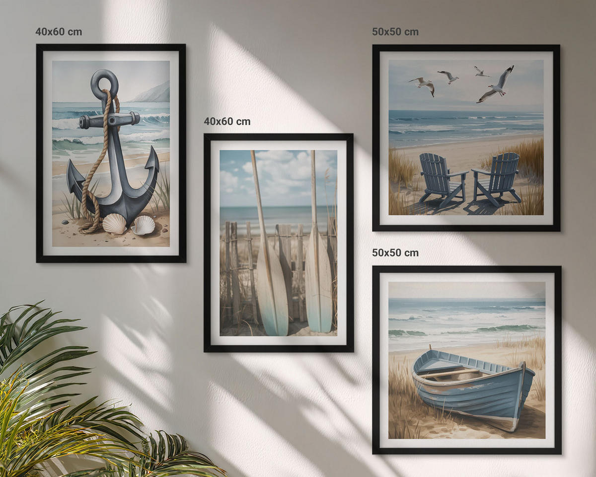 BILDER SET 4er Set - 50x50 cm & 40x60 cm Schwarzer Rahmen - Anker, Boot, Ruder, Strand - Schwarz, Kunststoff (50/50cm) - TULUP