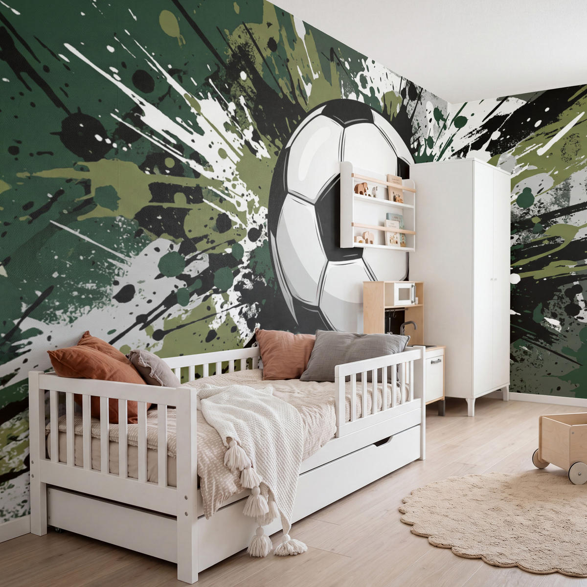 KINDERTAPETE - Fußball - Farbe - Spritzer - Grün - 450x240 cm - Dunkelgrün, Papier (450/240cm) - OnlyWow