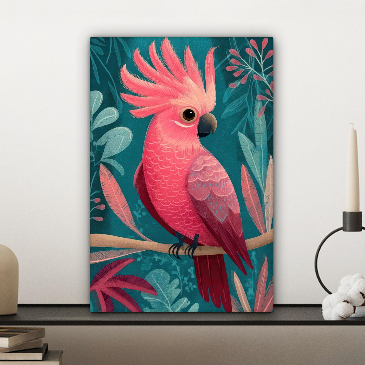 LEINWANDBILD Kakadu - Tropische Blätter - Zweig Deko Wohnzimmer 20x30 cm - Petrol, Textil (20/30cm) - MuchoWow