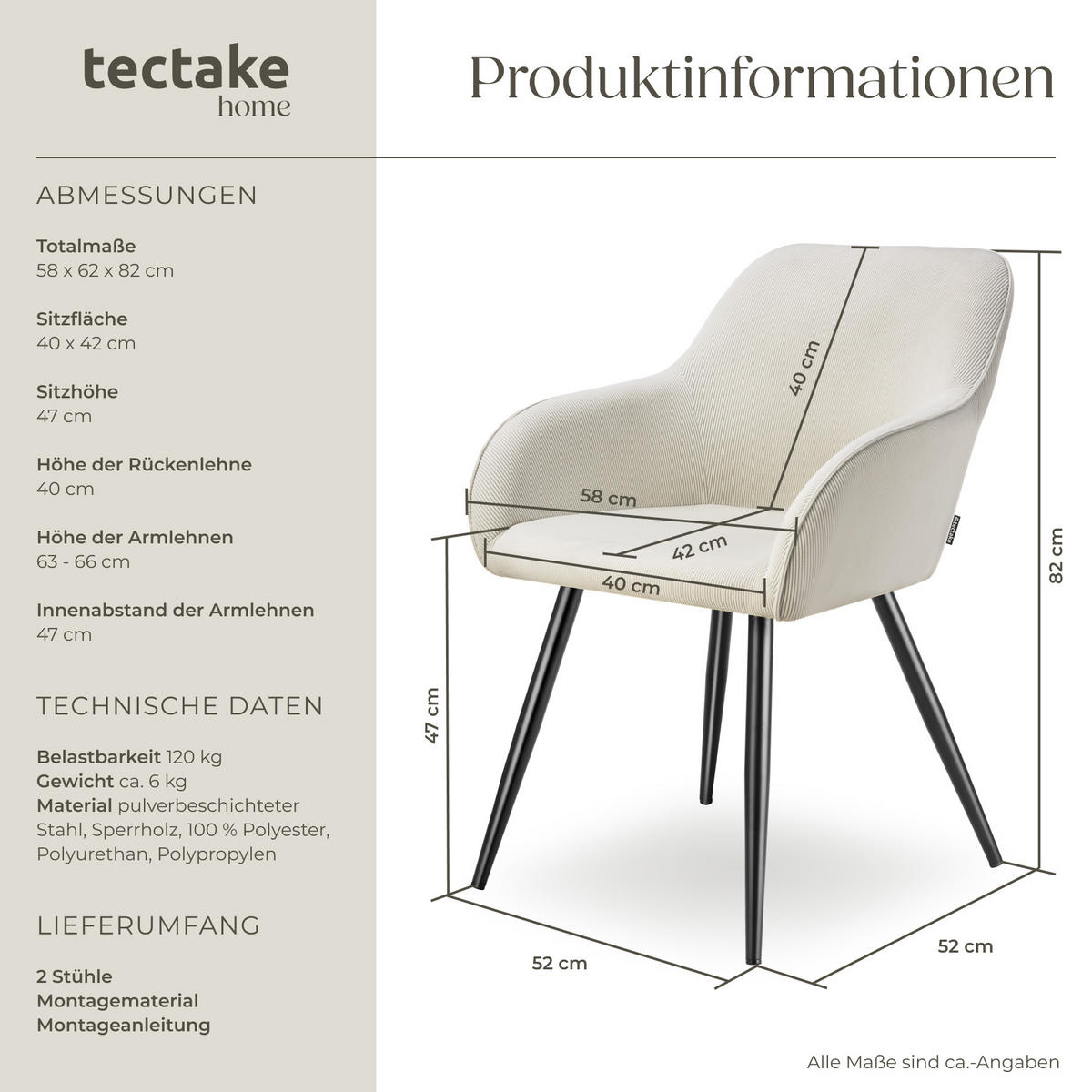 ESSZIMMERSTUHL 2er Set Marilyn 58 x 62 x 82 cm creme/schwarz - Creme/Schwarz, Kunststoff (62/82/58cm) - tectake