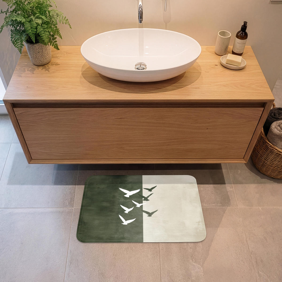 KOUPELNOVÁ PŘEDLOŽKA Japandi - Pták - Zelený 60x40 cm - olivově zelená, textil/plast (60/40cm)