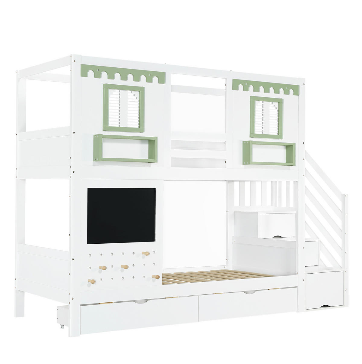 ETAGENBETT aus Kiefer, MDF und Sperrholz 90x200 cm Weiß/Grün mit Treppenstauraum, 2 Schubladen und Lochbrett - Weiß, Holzwerkstoff (90/200cm) - Modfu
