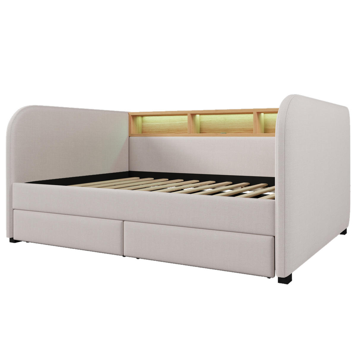 POLNJENA postelja iz lanu 140x190 cm svetlo bež z LED osvetlitvijo, USB-C polnjenjem in 2 predaloma - bež, tekstil (140/190cm) - Modfu