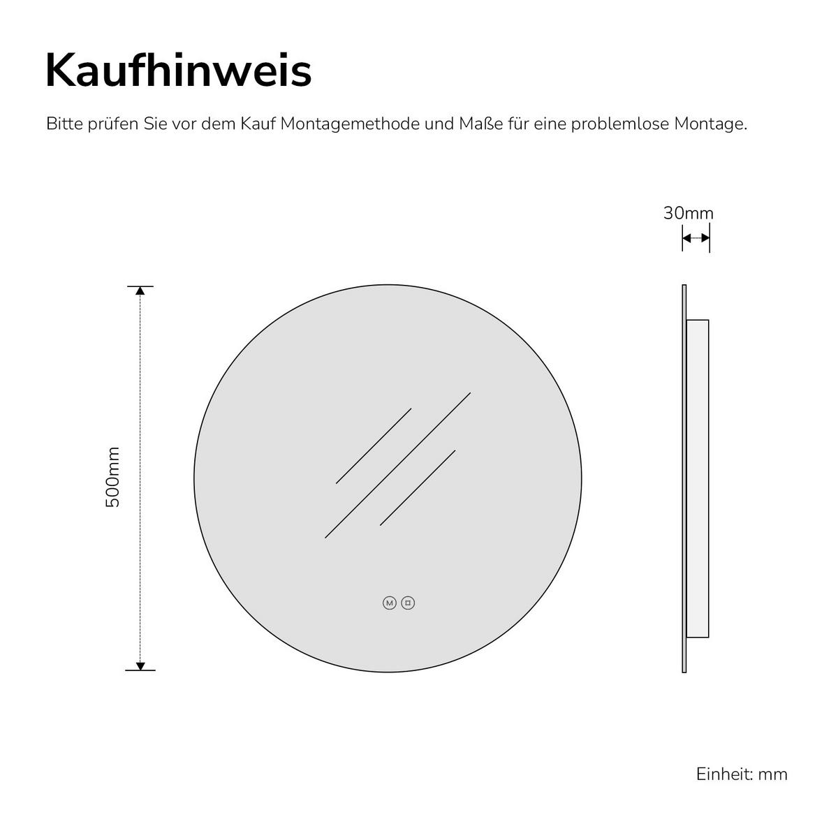 BADSPIEGEL rund mit Beleuchtung rahmenlos Ø50 cm - Weiß, Glas (50/50/3cm) - EMKE