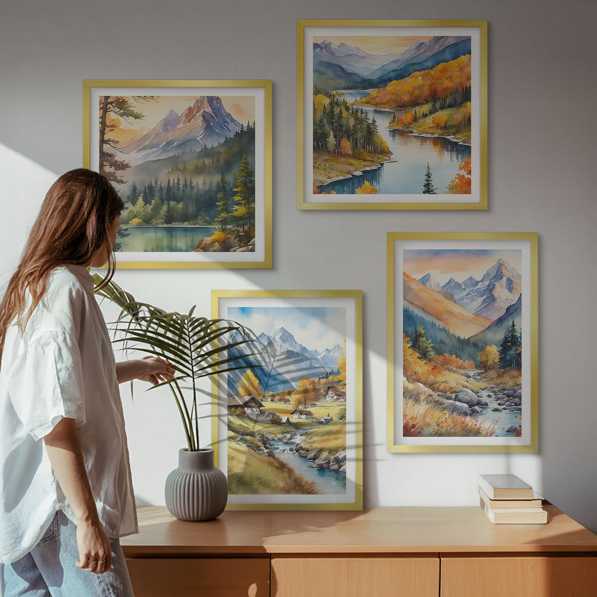 BILDER SET 4er Set - 50x50 cm & 40x60 cm Goldrahmen - Berglandschaft, Flusshütten - Goldfarben, Kunststoff (50/50cm) - TULUP