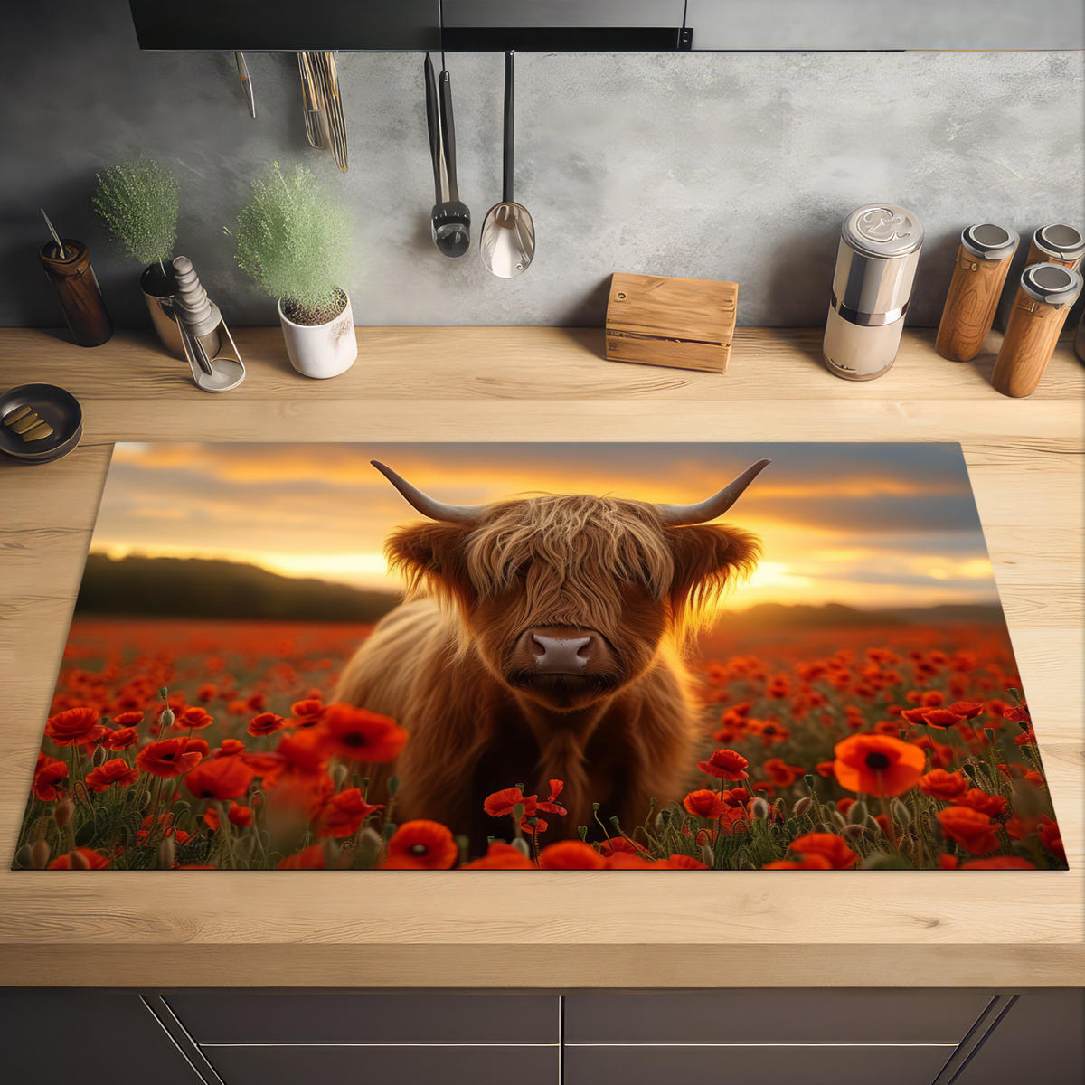 HERDABDECKPLATTE Schottische Highlander - Rosen - Blumenfeld - Sonnenuntergang Induktionsschutz 91.2x52 cm - Rotbraun, Kunststoff (91.2/52/0.2cm) - MuchoWow
