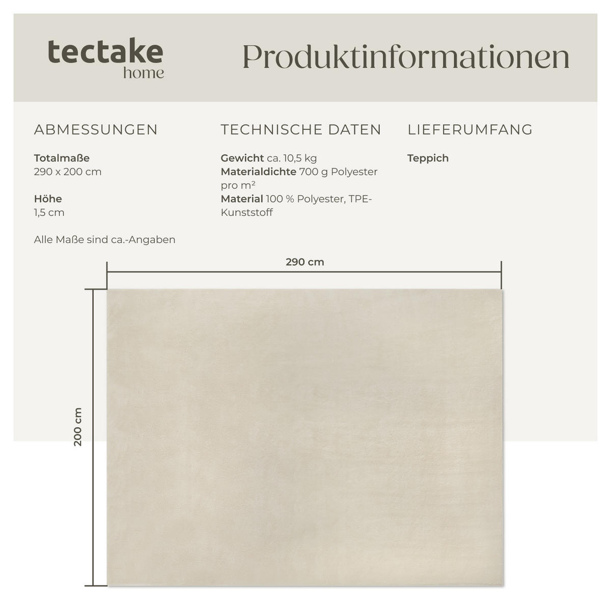 KURZFLORTEPPICH Soft Zone,rutschfeste Unterseite,beige - Beige, Kunststoff (290/200cm) - tectake