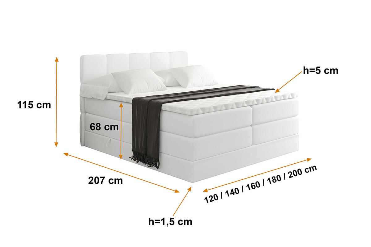 BOXSPRINGBETT mit Matratze H3|H4 und Lattenrost - LIRO KING-120x200 - Weiß - Weiß, Holzwerkstoff (120/200cm) - ALTDECOR