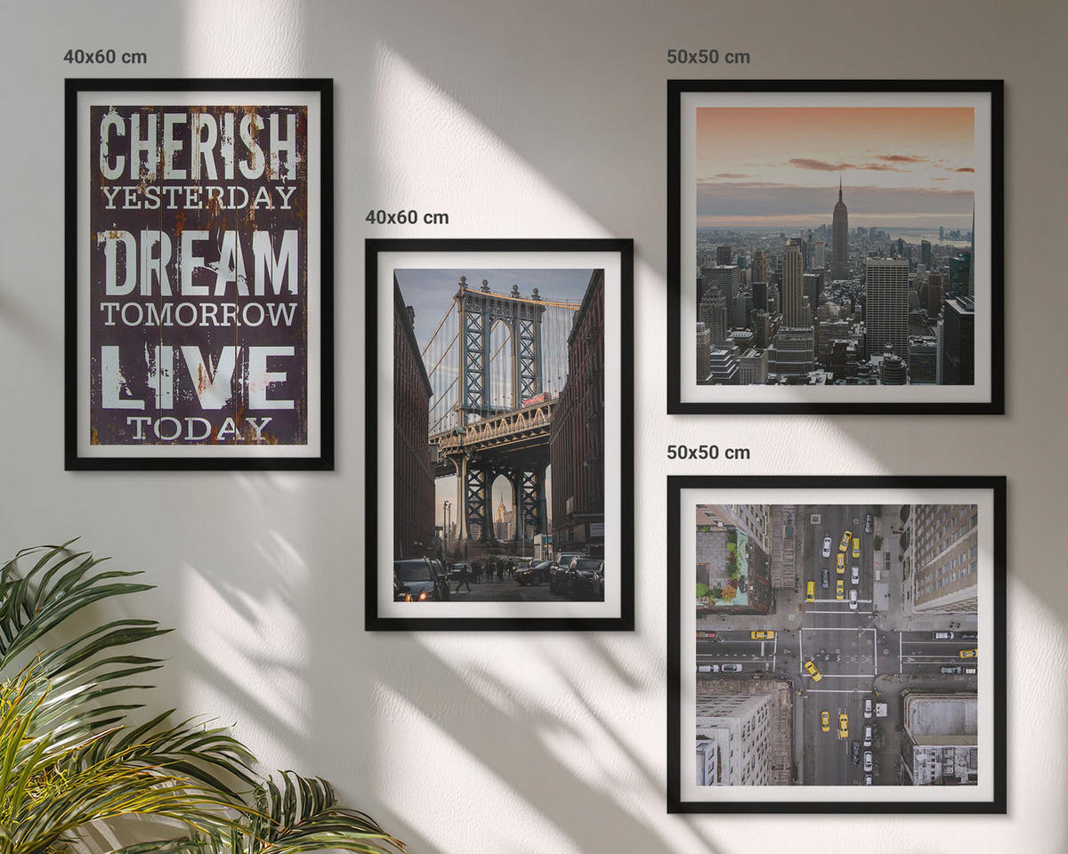 BILDER SET 4er Set - 50x50 cm & 40x60 cm Schwarzer Rahmen - Zitat über New Yorker Landschaften - Schwarz, Kunststoff (50/50cm) - TULUP