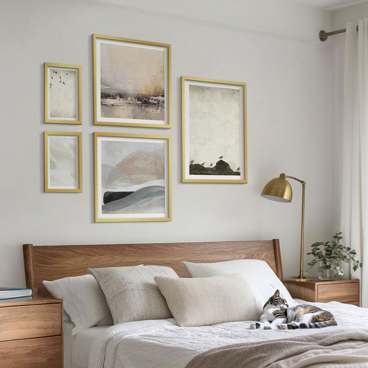 BILDER SET 5er Set - 50x50 cm & 20x30 cm & 40x60 cm Goldrahmen - Vögel, Steine, Pinselstriche, Verzierungen - Goldfarben, Kunststoff (40/60cm) - TULUP