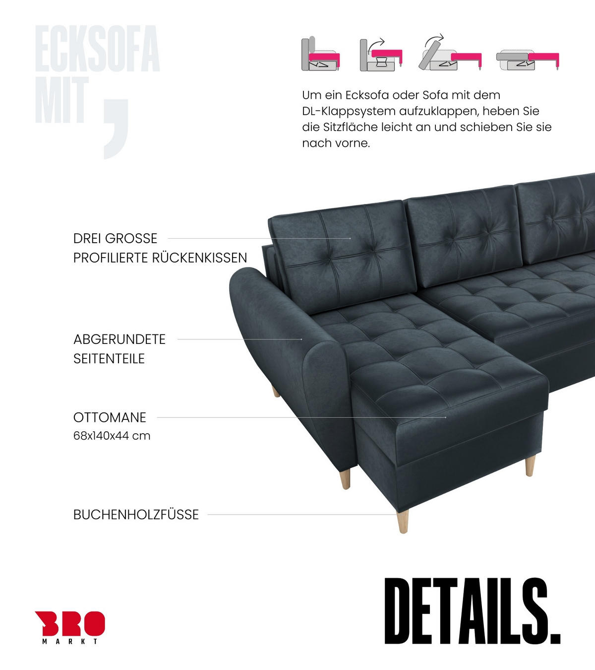 ECKSOFA Henry mit Schlaffunktion Graphit Samtstoff - Graphitfarben, Textil (232/141cm) - Bromarkt