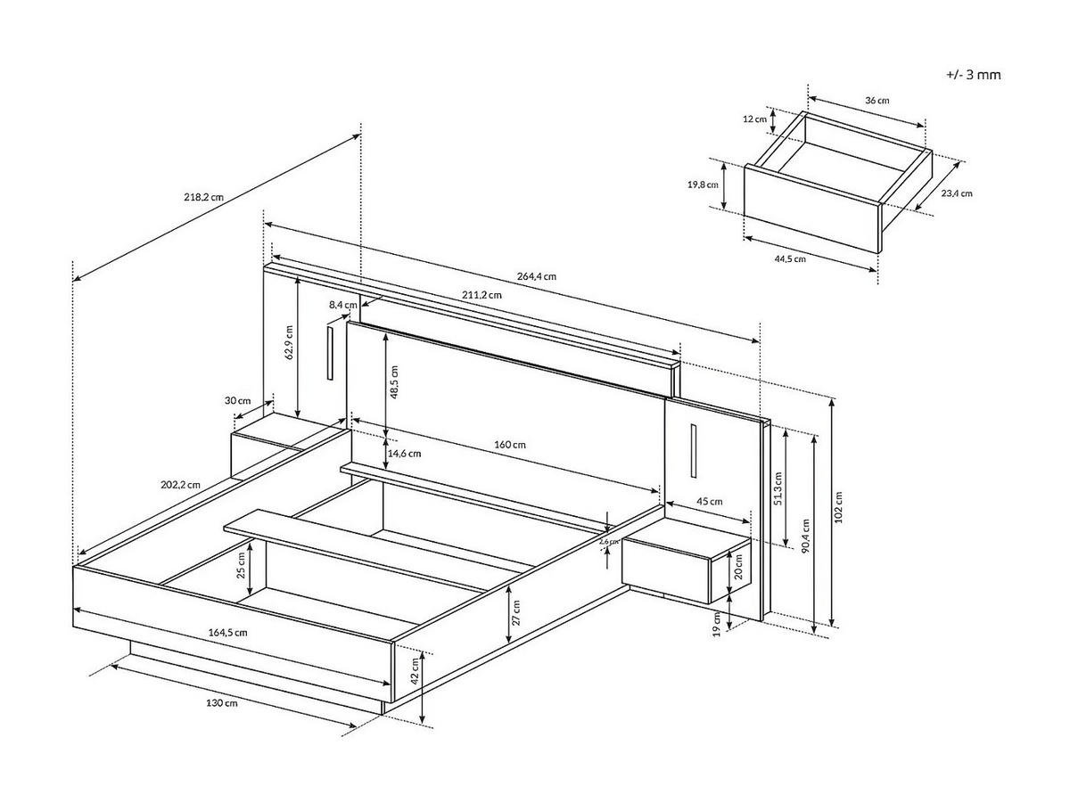 BETT mit Bettkasten - 2 Personen - holz - anthrazitgrau, naturfarben hell Francoli - Anthrazit/Naturfarben, Holz (160/200cm) - Vente-Unique