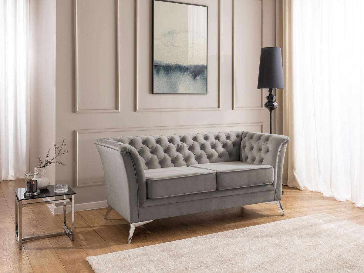 CHESTERFIELD-SOFA 2-sitzer Whitby Grau Samt mit silbernen Füßen - Silberfarben/Grau, Holz/Textil (175/78/82cm) - S-Style Möbel