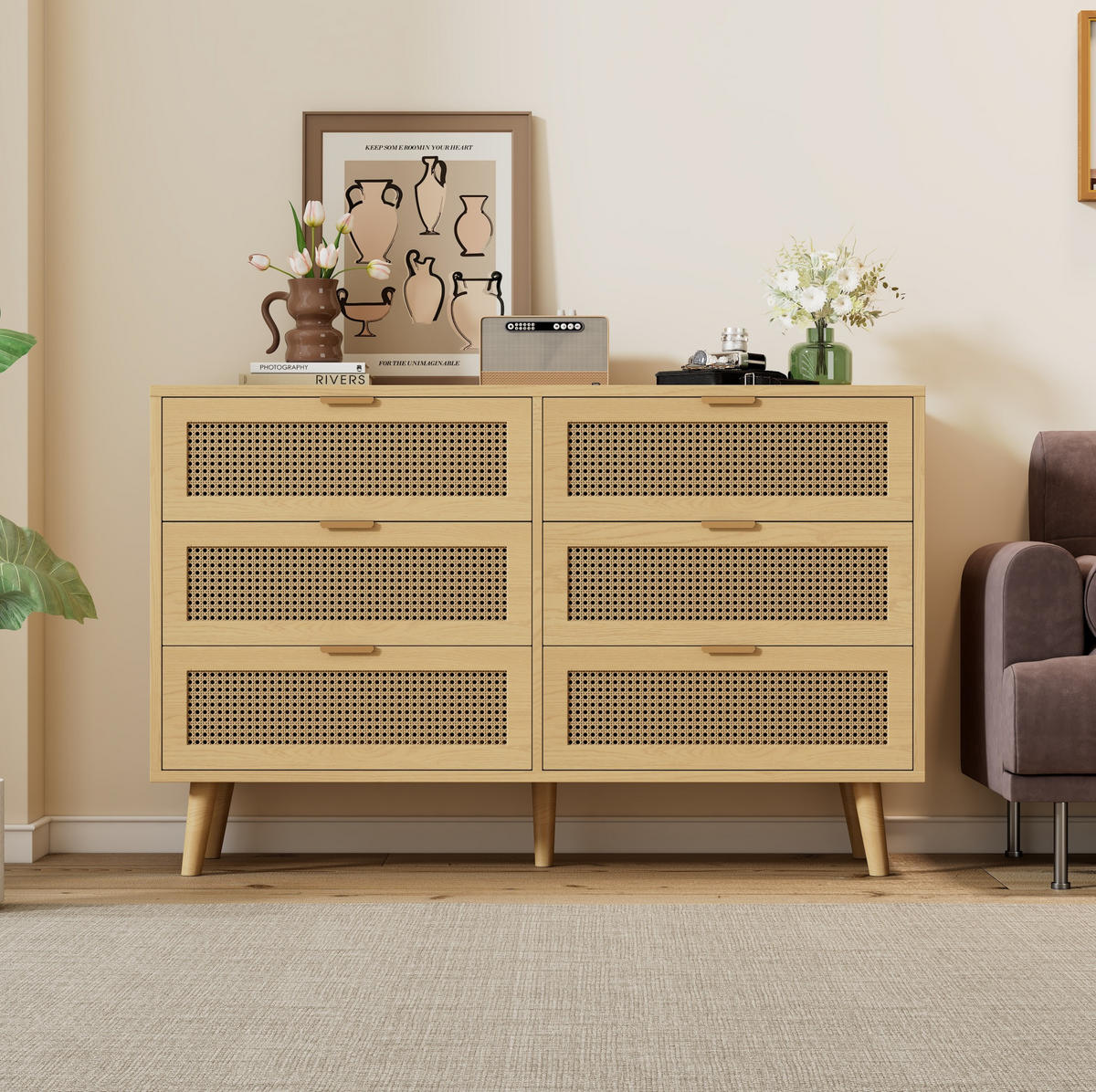 SIDEBOARD 120/40/76,5 cm aus Spanplatte mit 6 Schubladen und Rattan-Front Walnuss - Eichefarben, Holzwerkstoff (120/76.5/40cm) - Modenvie