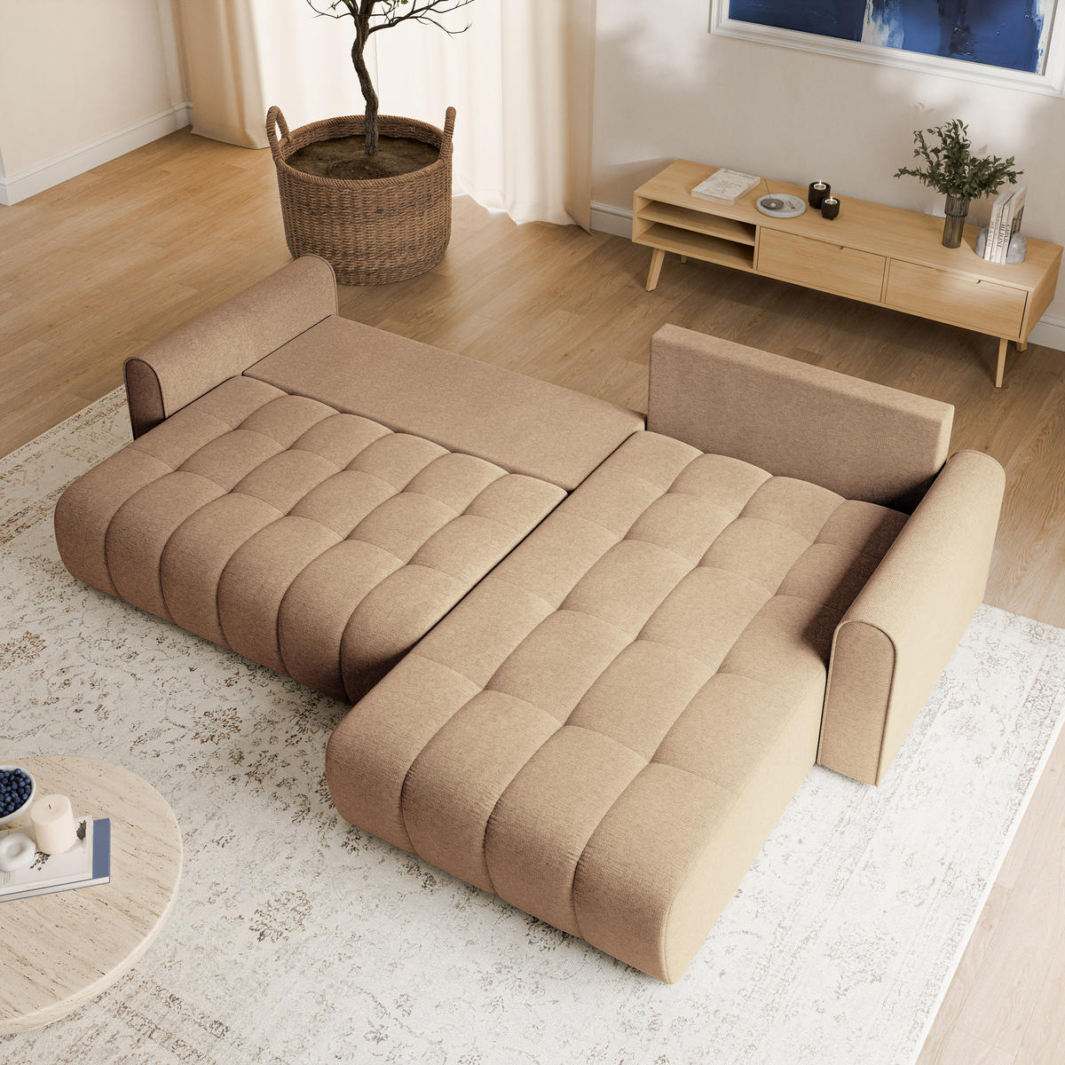 ECKSOFA FRIGA Beige Strukturstoff mit Schlaffunktion - Beige, Holz (283/185cm) - MASSENO