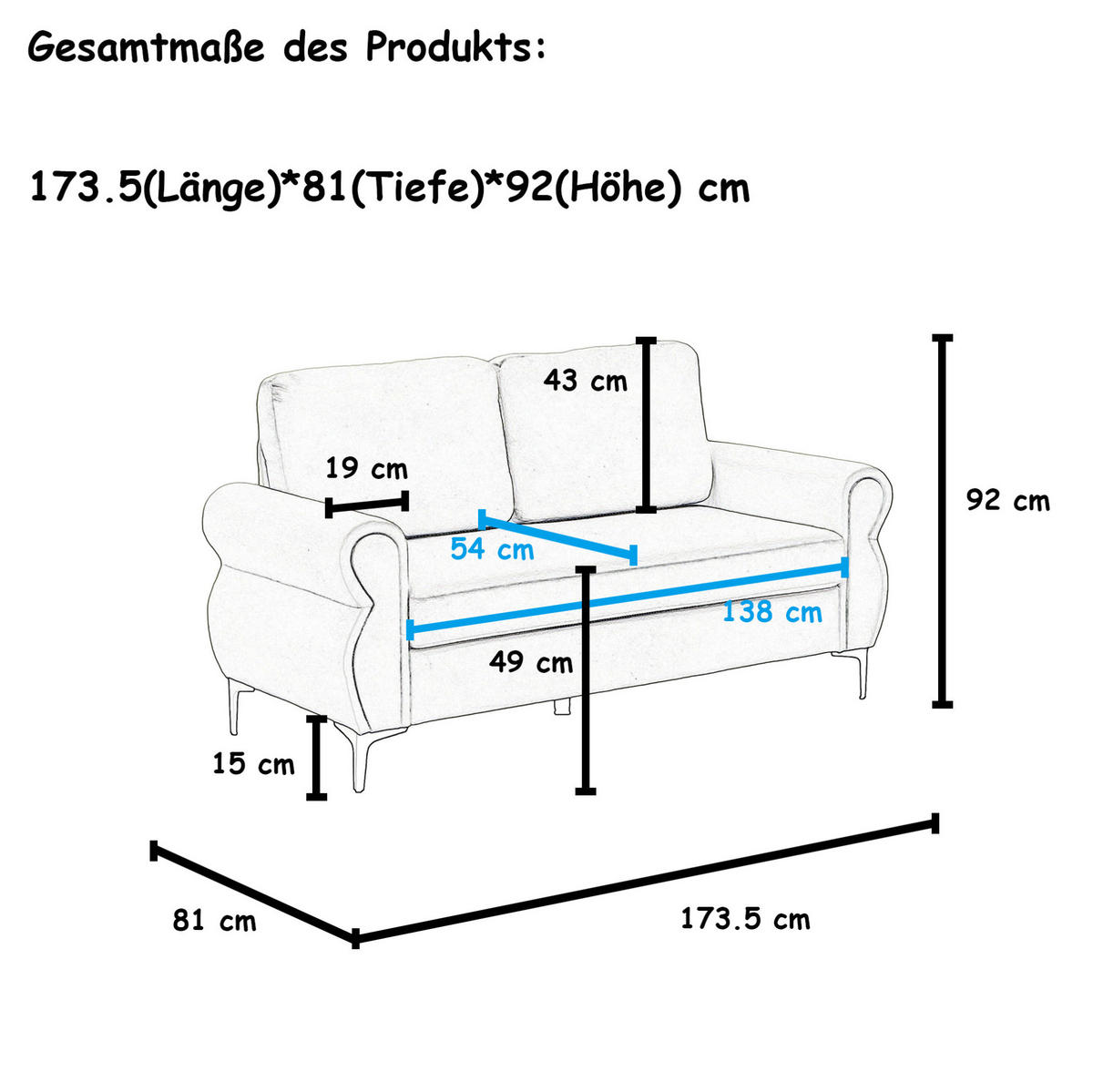 SOFA kompakt 173,5 cm Dark Grey mit Federkern - Dunkelgrau, Holzwerkstoff (173.5/92/81cm) - Meubliv