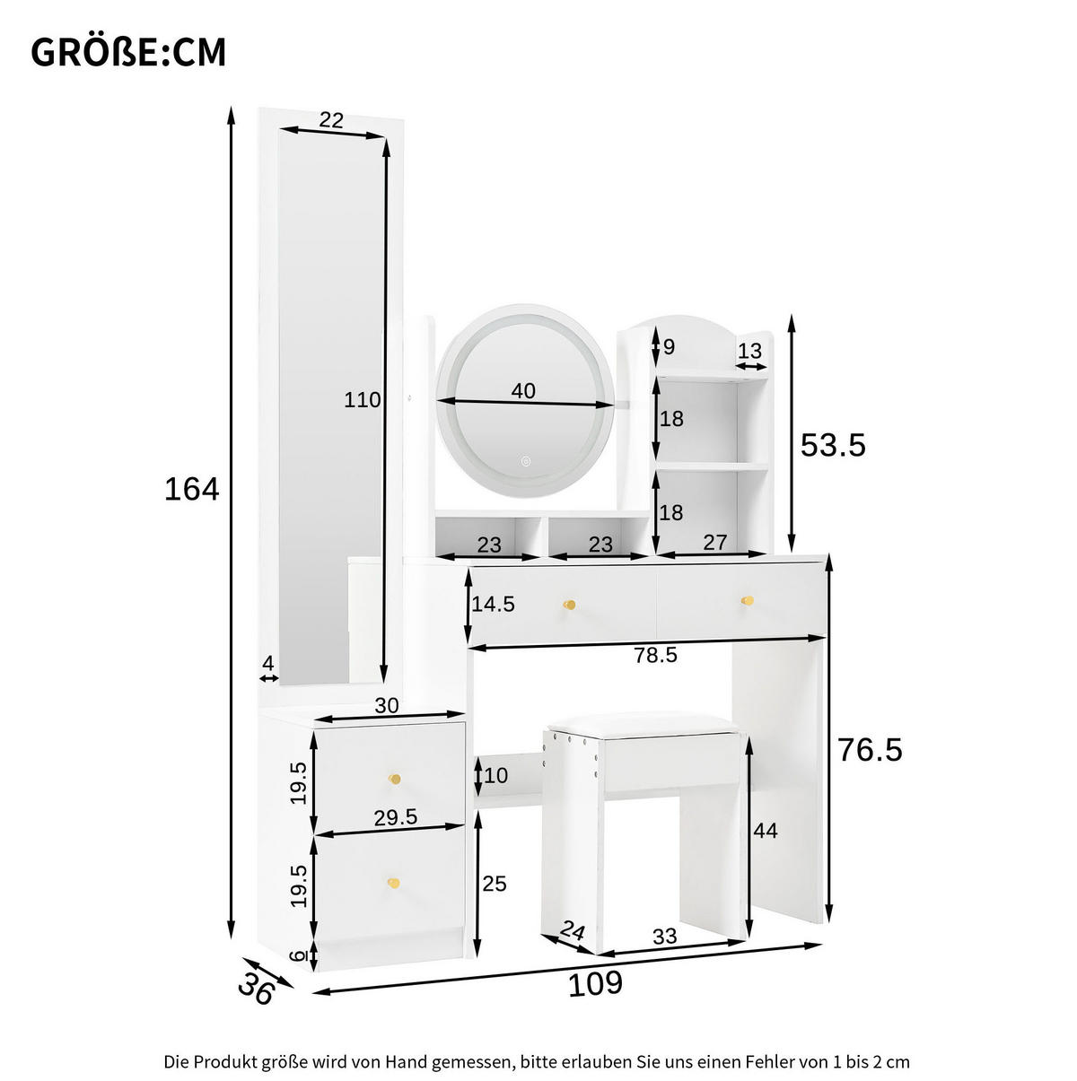 SCHMINKTISCH aus Spanplatte 109x36x164 cm Weiß mit LED-Beleuchtung, Ganzkörperspiegel, drehbarem Spiegel und Hocker - Weiß, Holzwerkstoff (109/164/36cm) - Modfu