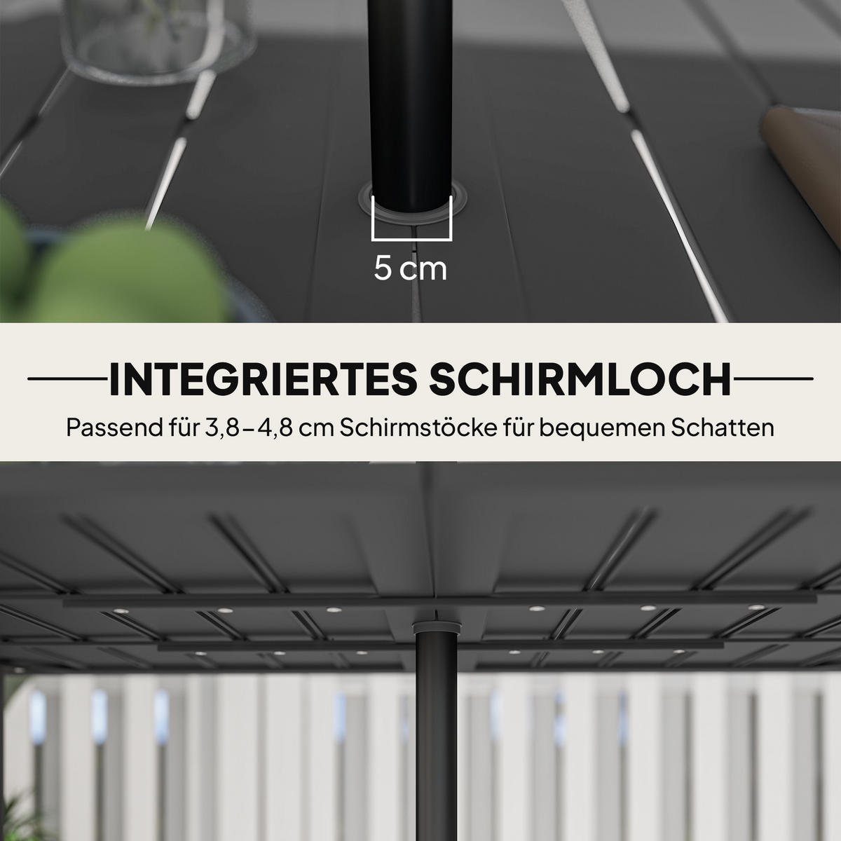 GARTENTISCH DE-07277 mit Schirmloch und Lattendesign Schwarz - Schwarz, Metall (150/90/73cm) - ComfortXL