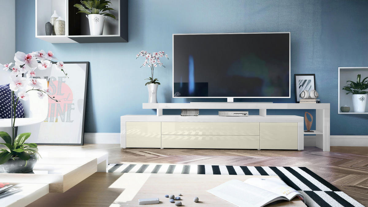 LOWBOARD Leon Creme Hochglanz / Weiß Hochglanz - Creme, Holzwerkstoff (227/52/35cm) - Vladon