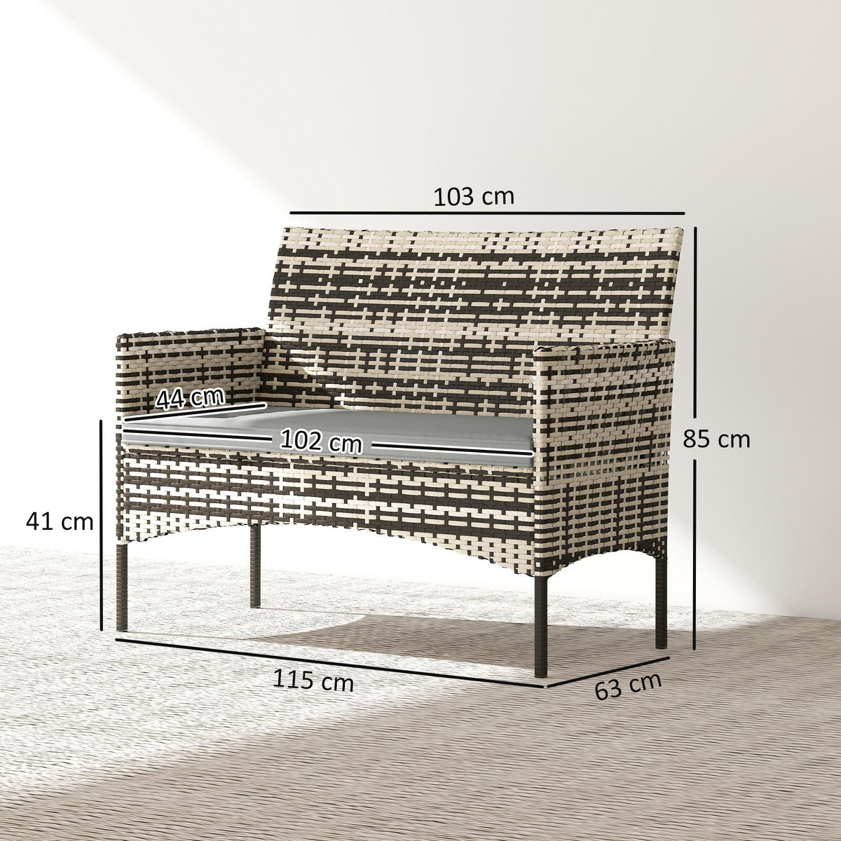 ZAHRADNÍ LAVIČKA 2místná z PE ratanu a oceli, světle šedá - černá/tmavě šedá, kov/textil (63/85/115cm) - Outsunny