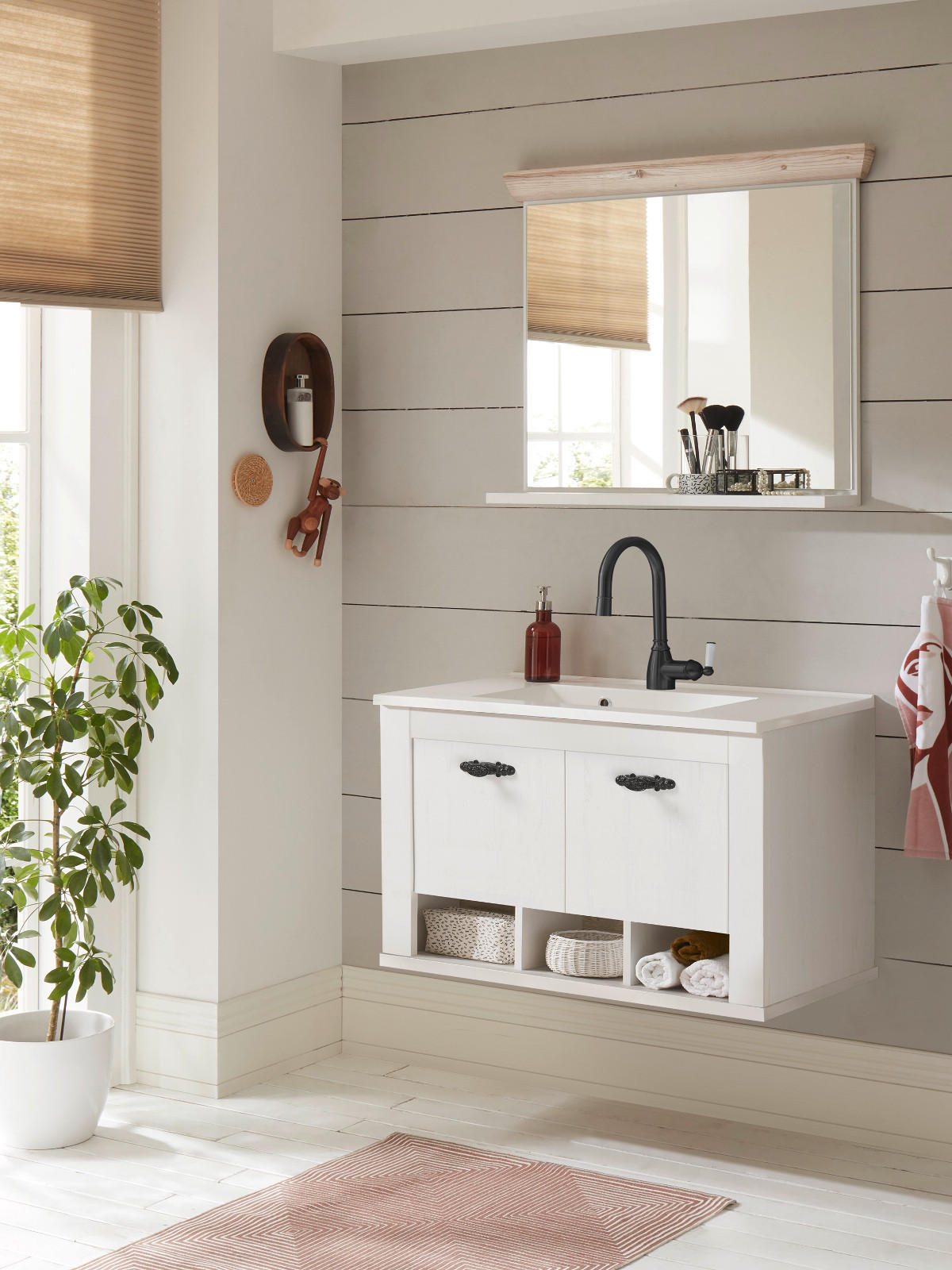 BADKOMBINATION Pinie weiß, Oslo Pinie, Landhaus Badmöbel Set 3-tlg. hängend MIT Waschbecken 81 x 200 cm - Anthrazit/Weiß, Holzwerkstoff/Metall (81/200/46cm) - Furn.Design