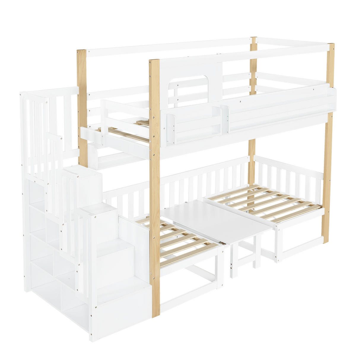 ETAGENBETT 90/200 cm mit Klapptisch und Aufbewahrungstreppe in Weiß/Natur - Weiß, Holz - BEAOK