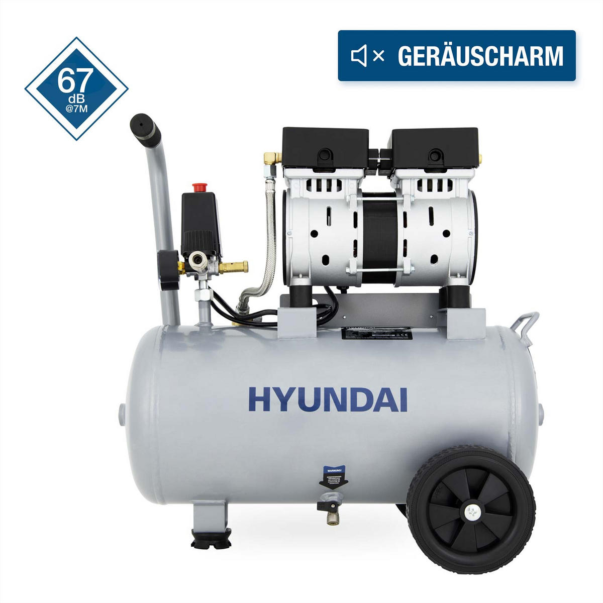 SILENT Kompressor SAC15024 (Druckluftkompressor leise, ölfrei, Flüsterkompressor, 67dB, 24L Kessel, 9bar, 1.5kW, 202L/Min) - Silberfarben, Metall (55/33/56cm) - HYUNDAI