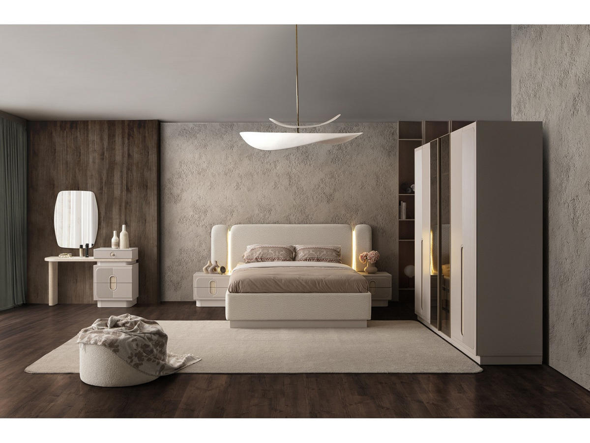 BETTANLAGE VALORIA Schlafzimmer-Set, 5-teilig, Creme, Bett mit Kopfteil 2 Nachttischen Kommode und Kleiderschrank - Creme, Leder/Holzwerkstoff (160/200cm) - Villa Möbel