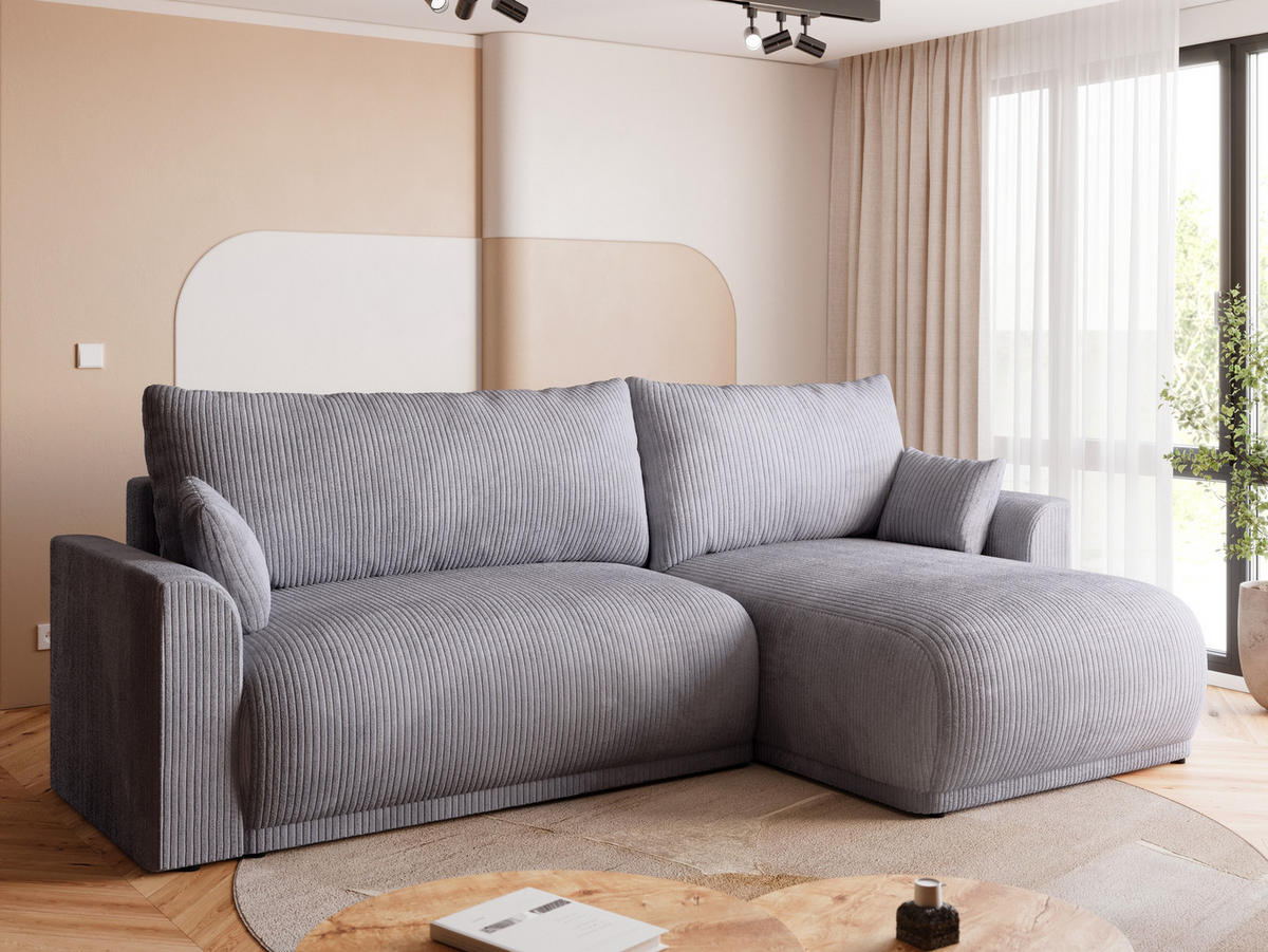 ECKSOFA MORENO mit Schlaffunktion Hellgrau Cord - Hellgrau, Textil (262/160cm) - Bromarkt