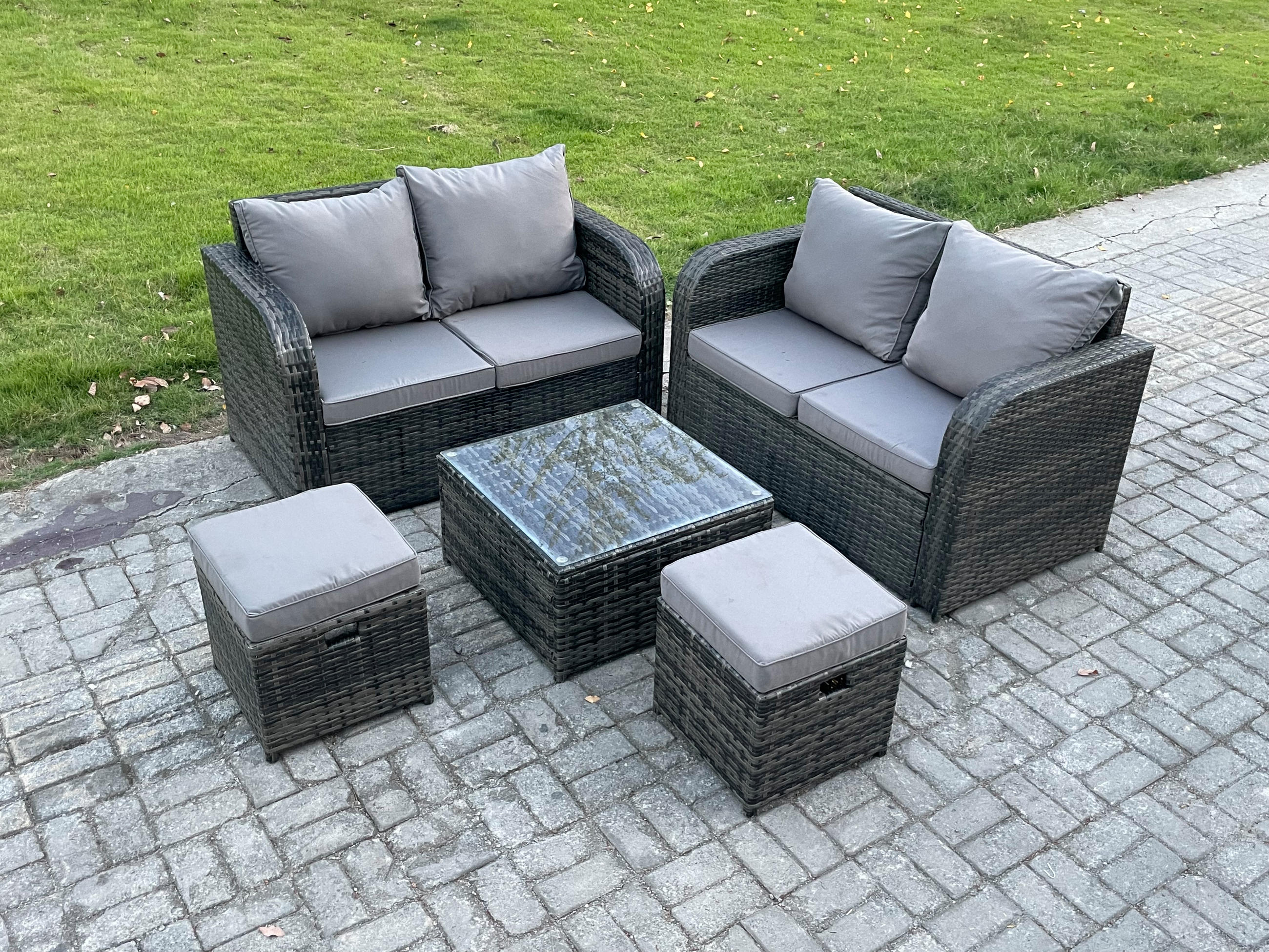 GARTENMÖBELGARNITUR Polyrattan Dunkelgrau 6-Sitzer - Dunkelgrau, Metall - Fimous