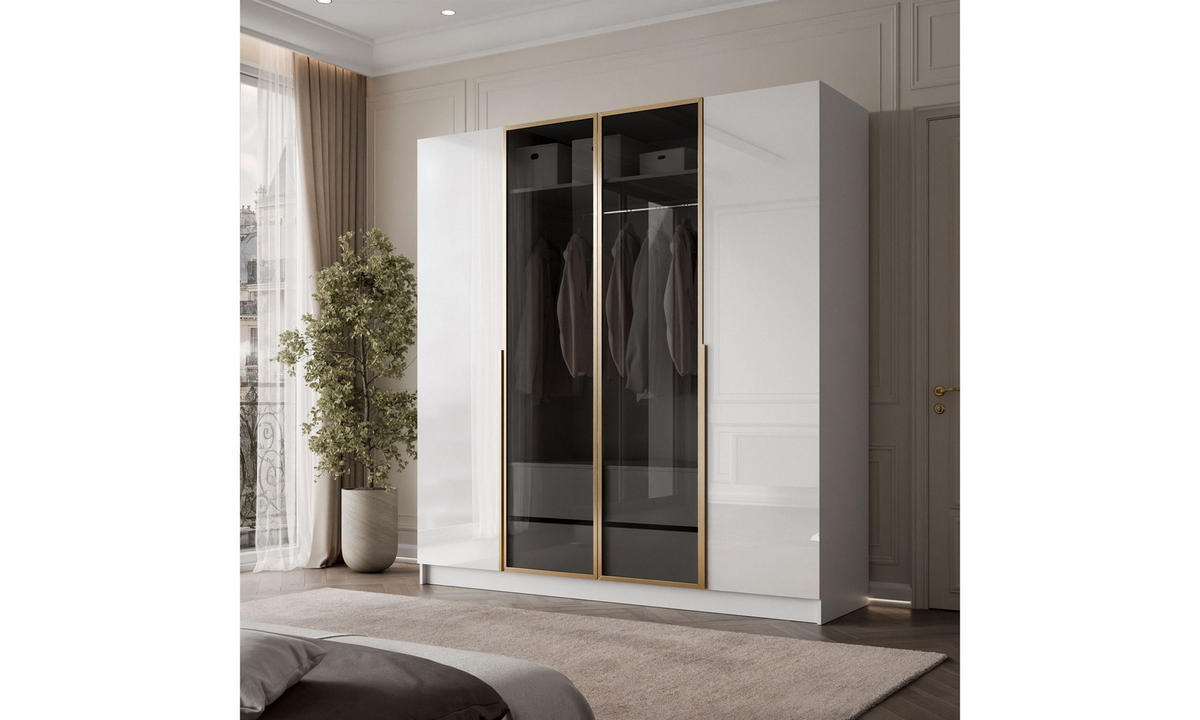 KLEIDERSCHRANK ATRIUM GLOSS 200/57/210 cm Goldchrom-Griffe ohne LED-Beleuchtung - Goldfarben/Weiß, Holzwerkstoff (200/210/57cm) - Lookway