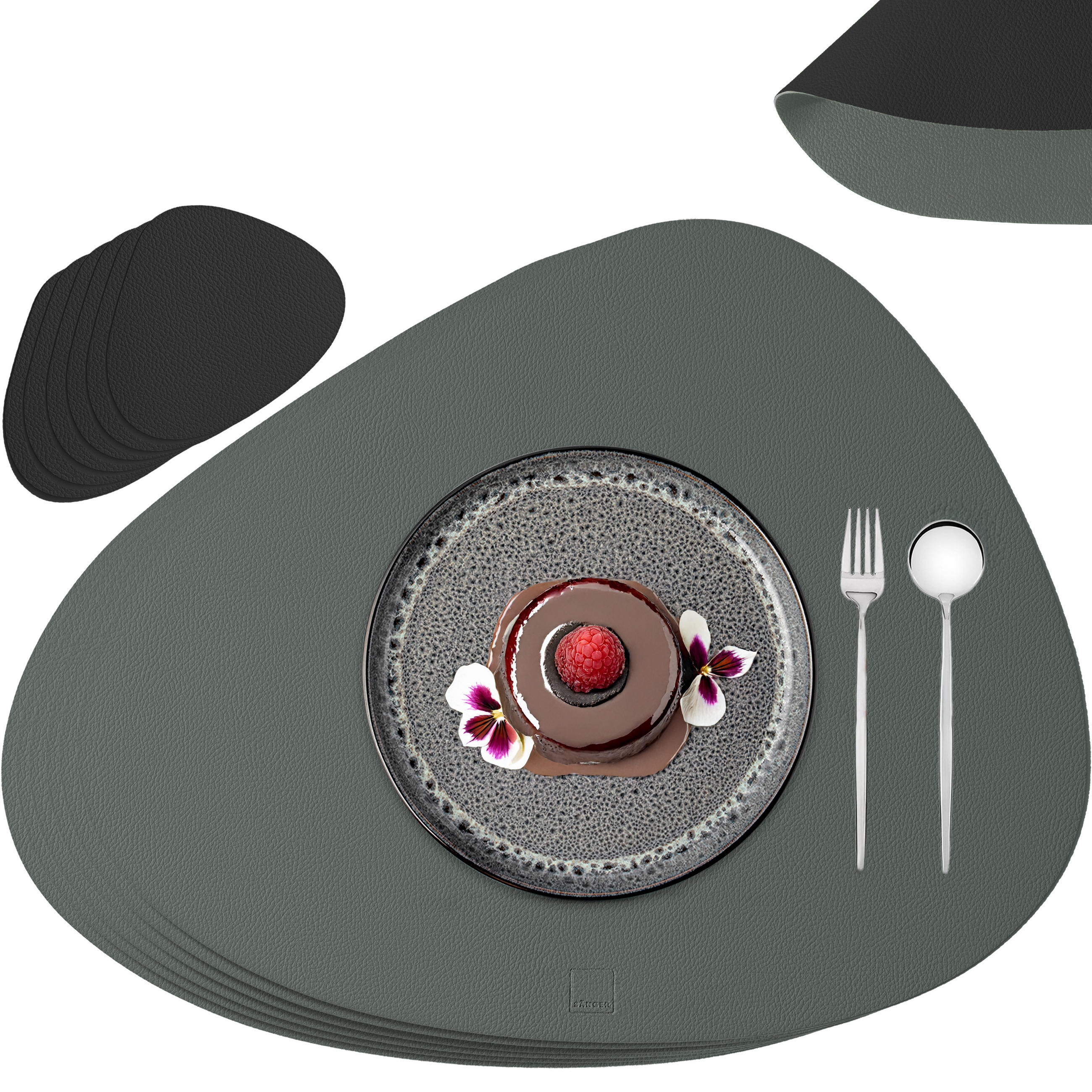 TISCHSET - Kunstleder - Doppelseitig - Grau/Schwarz - Organisch - 44x37cm - 12 Stück - Grau, Kunststoff (44/37cm) - Sänger