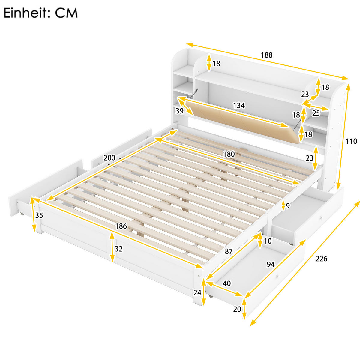 RAHMENBETT mit Stauraum 180/200 cm in Weiß mit 4 Schubladen - Weiß, Holz - BEAOK